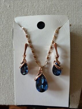 Rose Gold Teardrop Navy Crystal Necklace & Earring Set